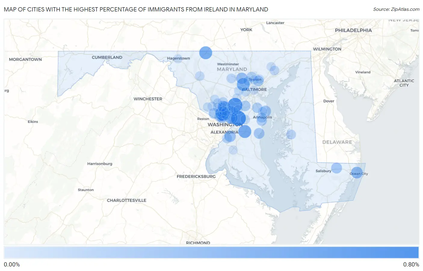 Cities with the Highest Percentage of Immigrants from Ireland in Maryland Map