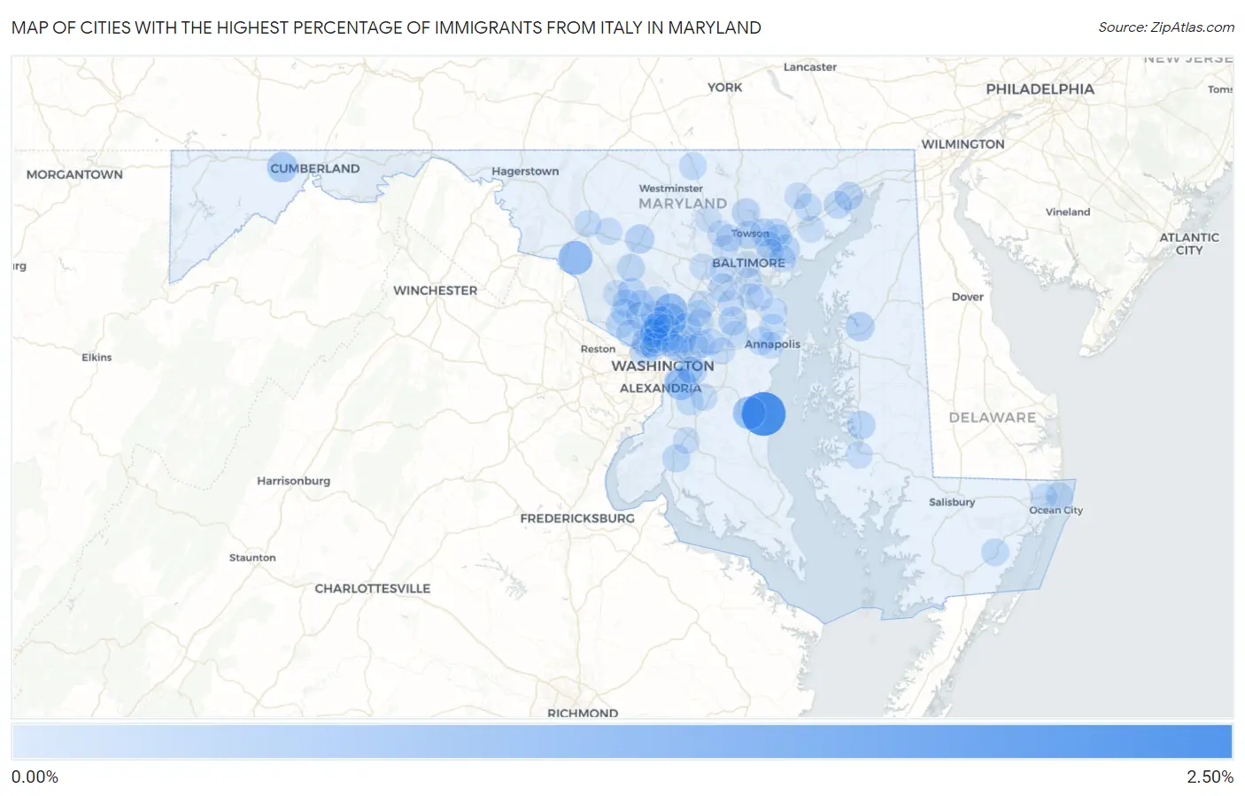 Cities with the Highest Percentage of Immigrants from Italy in Maryland Map