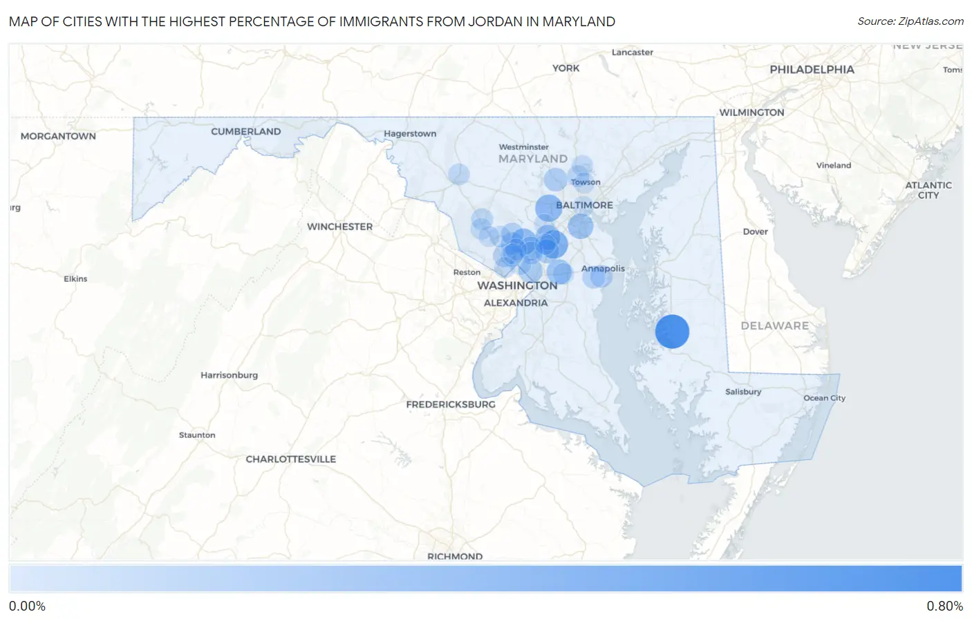Cities with the Highest Percentage of Immigrants from Jordan in Maryland Map