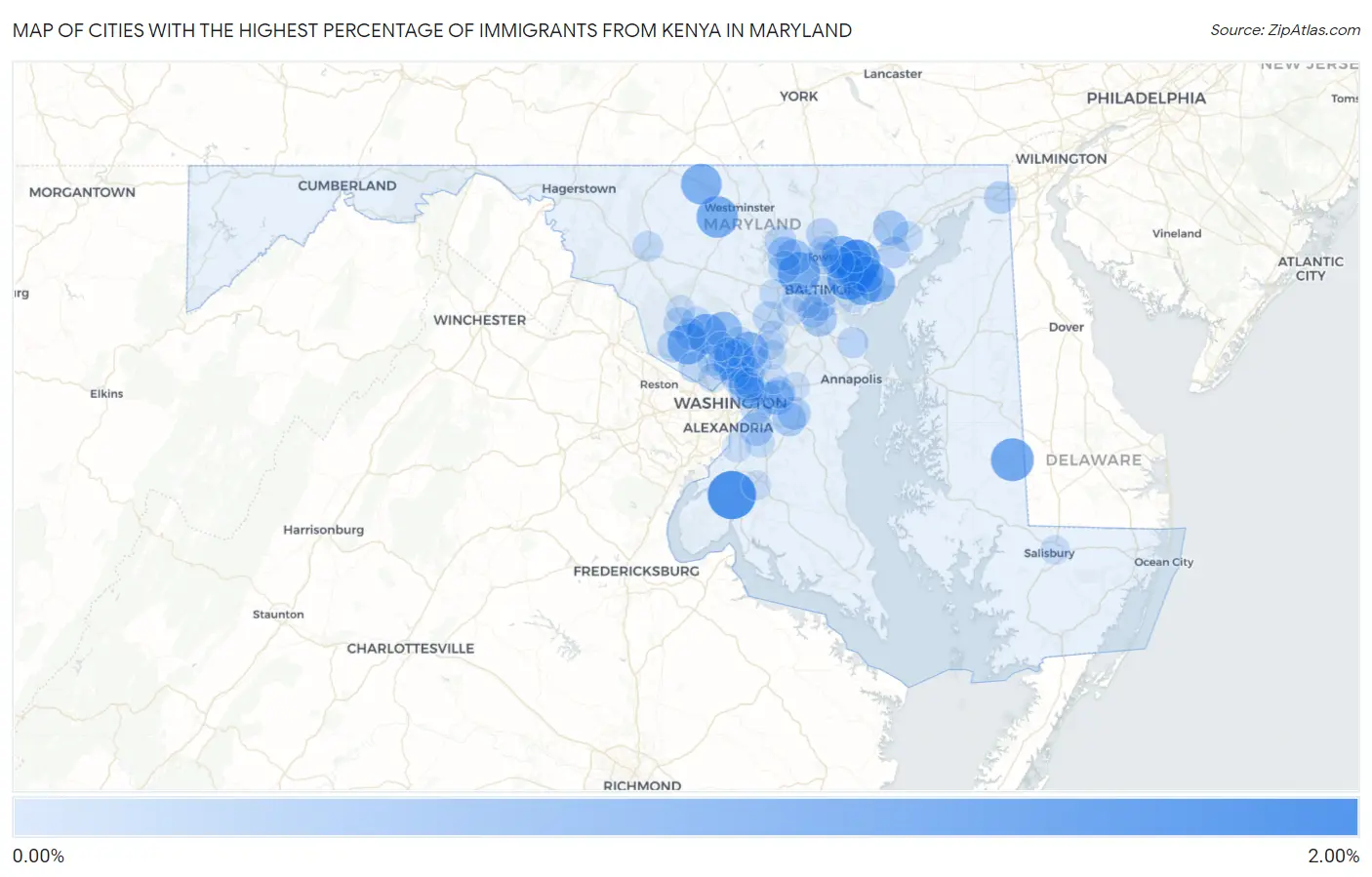 Cities with the Highest Percentage of Immigrants from Kenya in Maryland Map