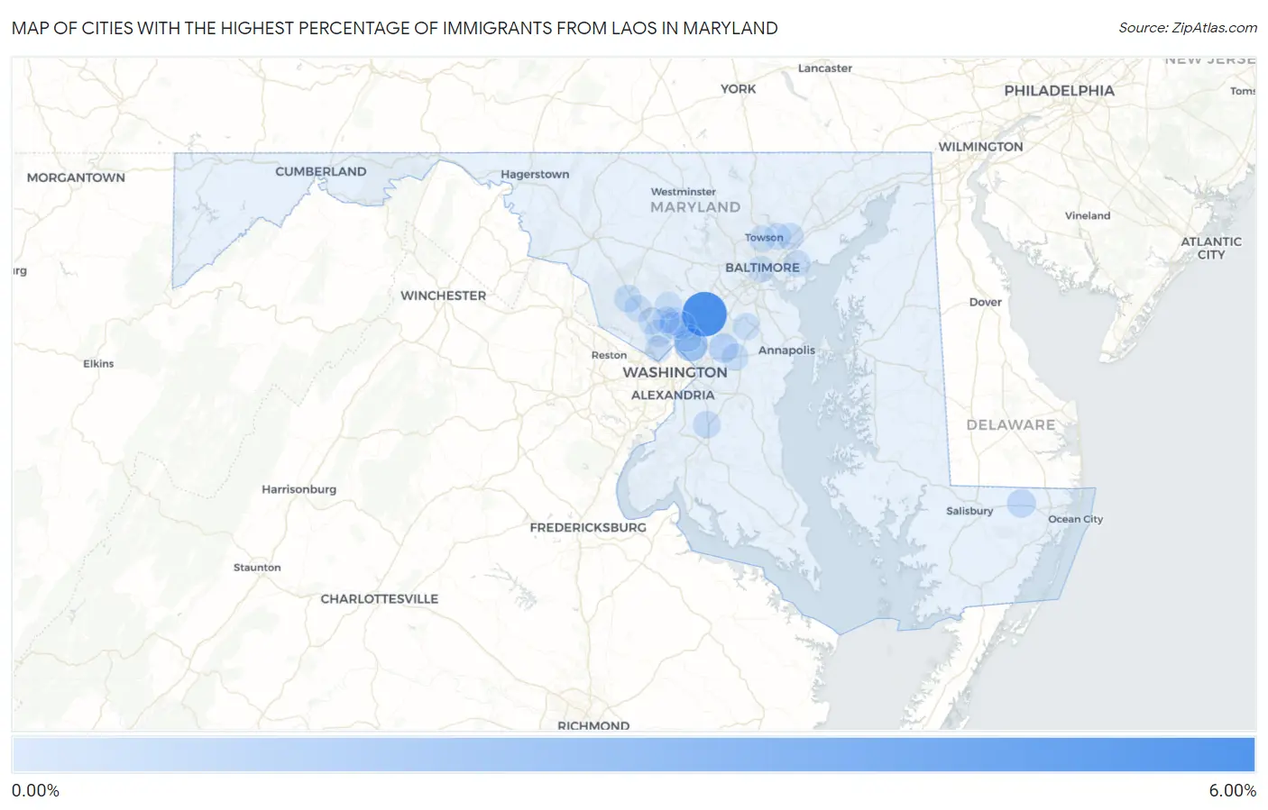 Cities with the Highest Percentage of Immigrants from Laos in Maryland Map
