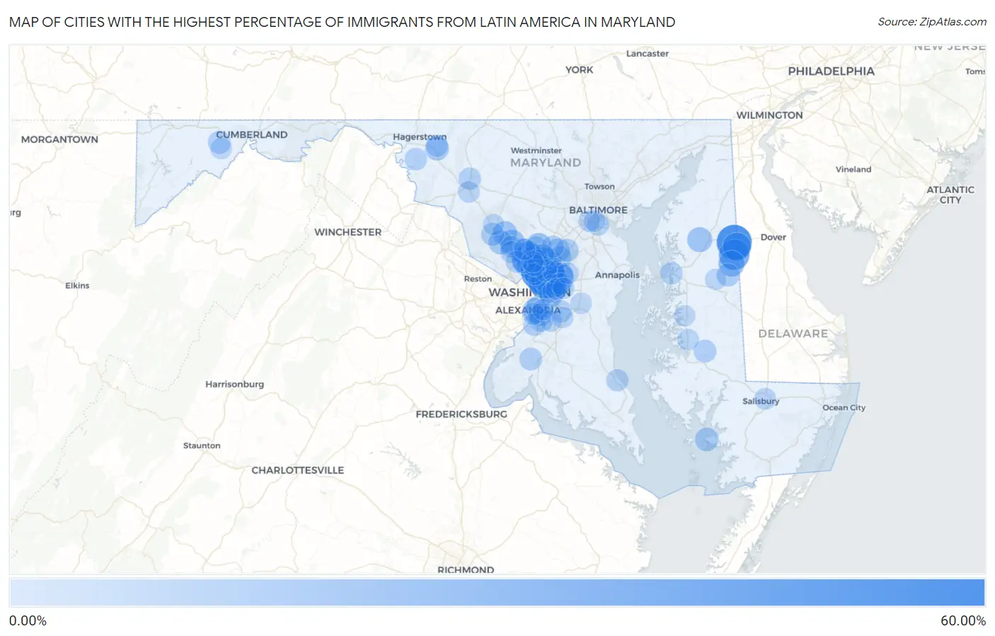 Cities with the Highest Percentage of Immigrants from Latin America in Maryland Map