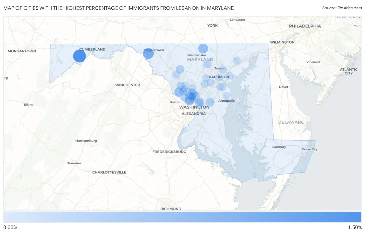 Cities with the Highest Percentage of Immigrants from Lebanon in Maryland Map