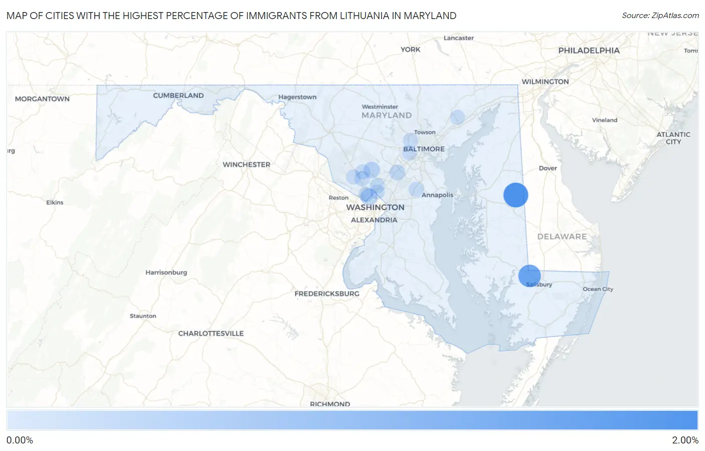 Cities with the Highest Percentage of Immigrants from Lithuania in Maryland Map