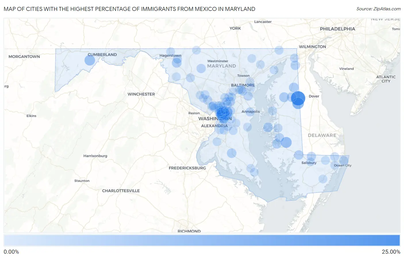 Cities with the Highest Percentage of Immigrants from Mexico in Maryland Map