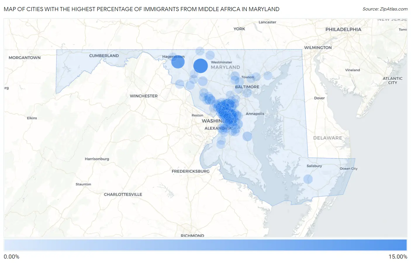 Cities with the Highest Percentage of Immigrants from Middle Africa in Maryland Map
