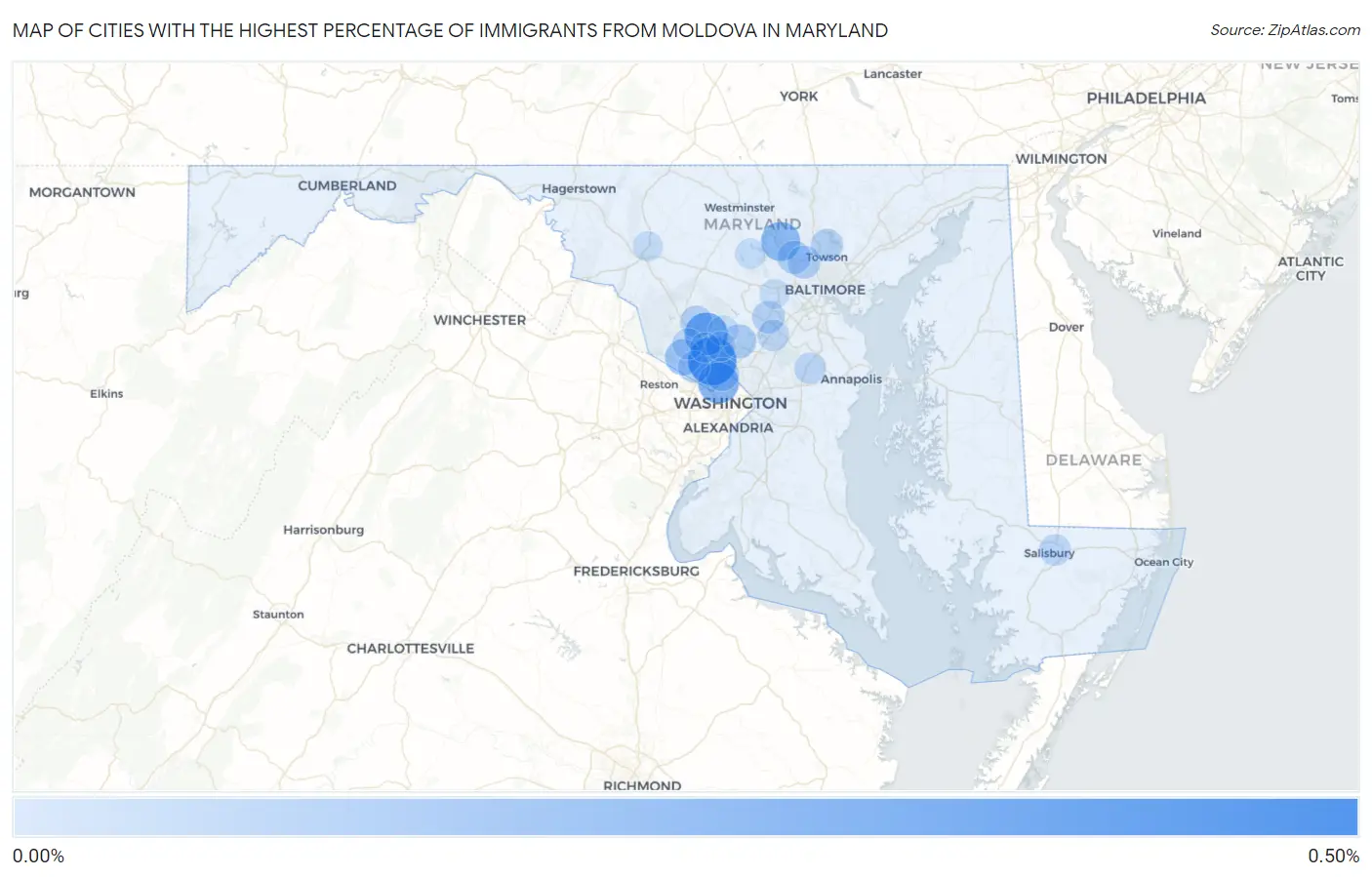 Cities with the Highest Percentage of Immigrants from Moldova in Maryland Map