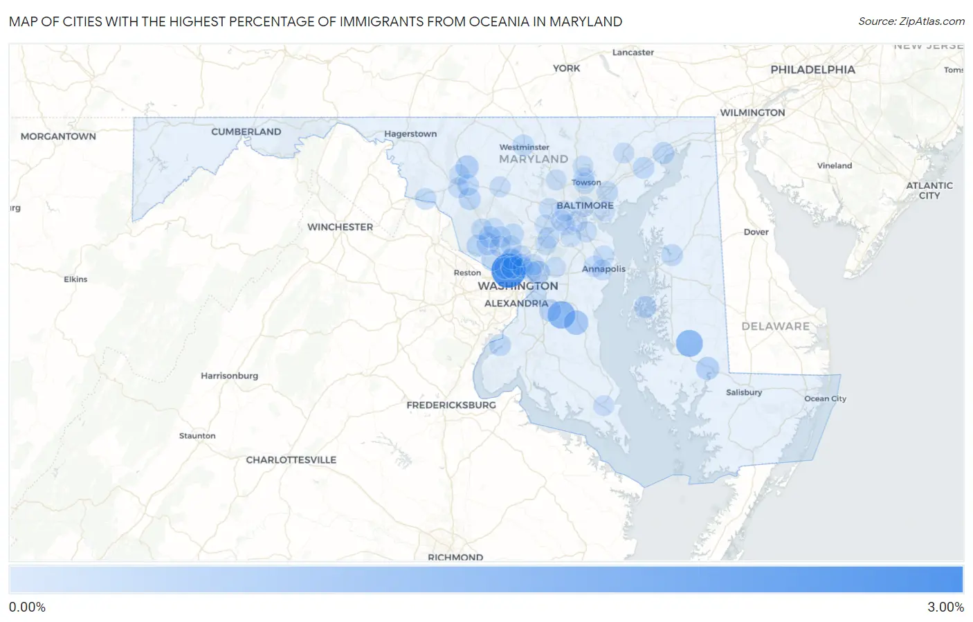 Cities with the Highest Percentage of Immigrants from Oceania in Maryland Map