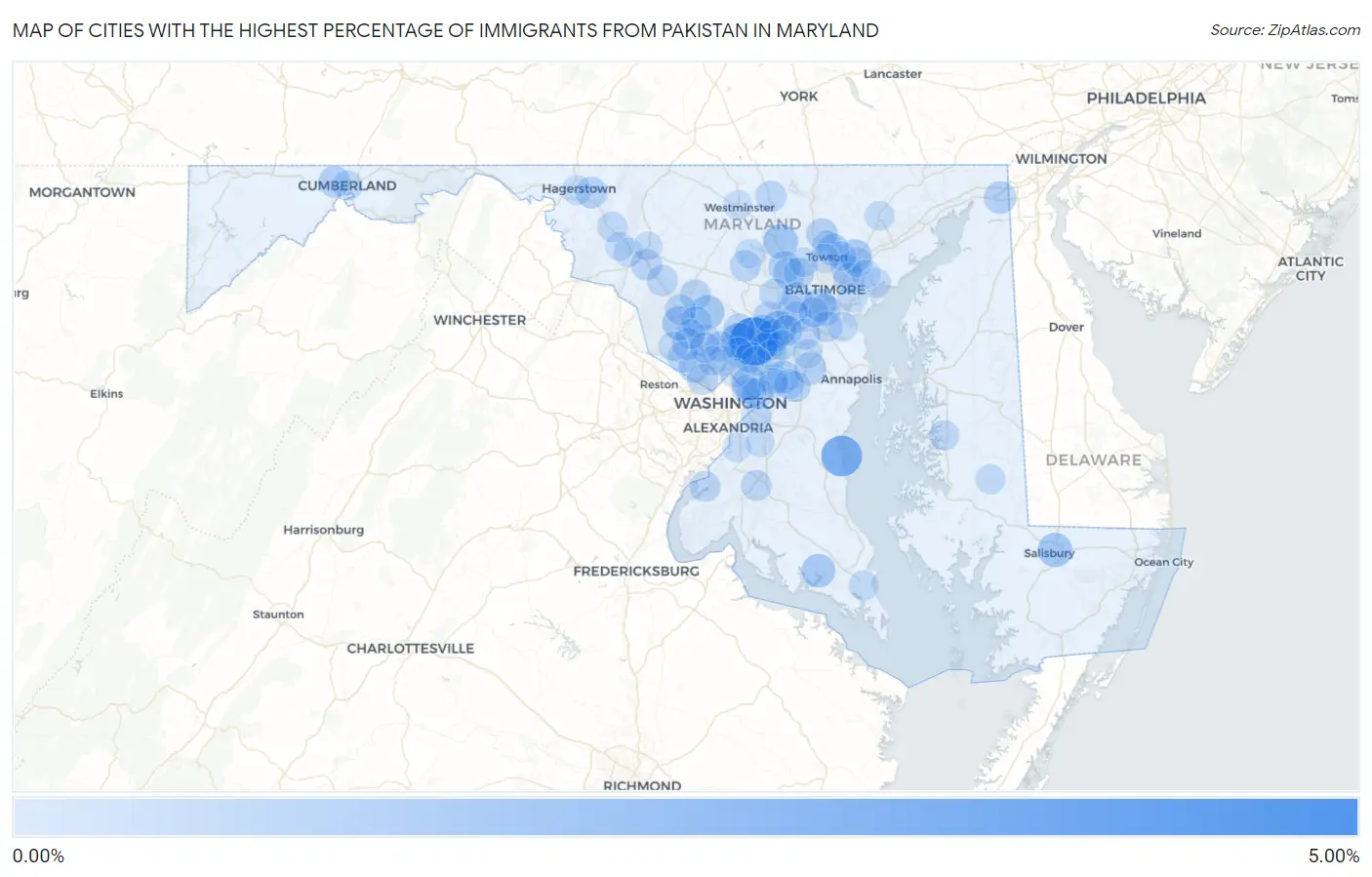 Cities with the Highest Percentage of Immigrants from Pakistan in Maryland Map