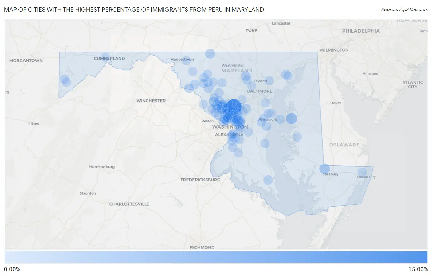 Cities with the Highest Percentage of Immigrants from Peru in Maryland Map