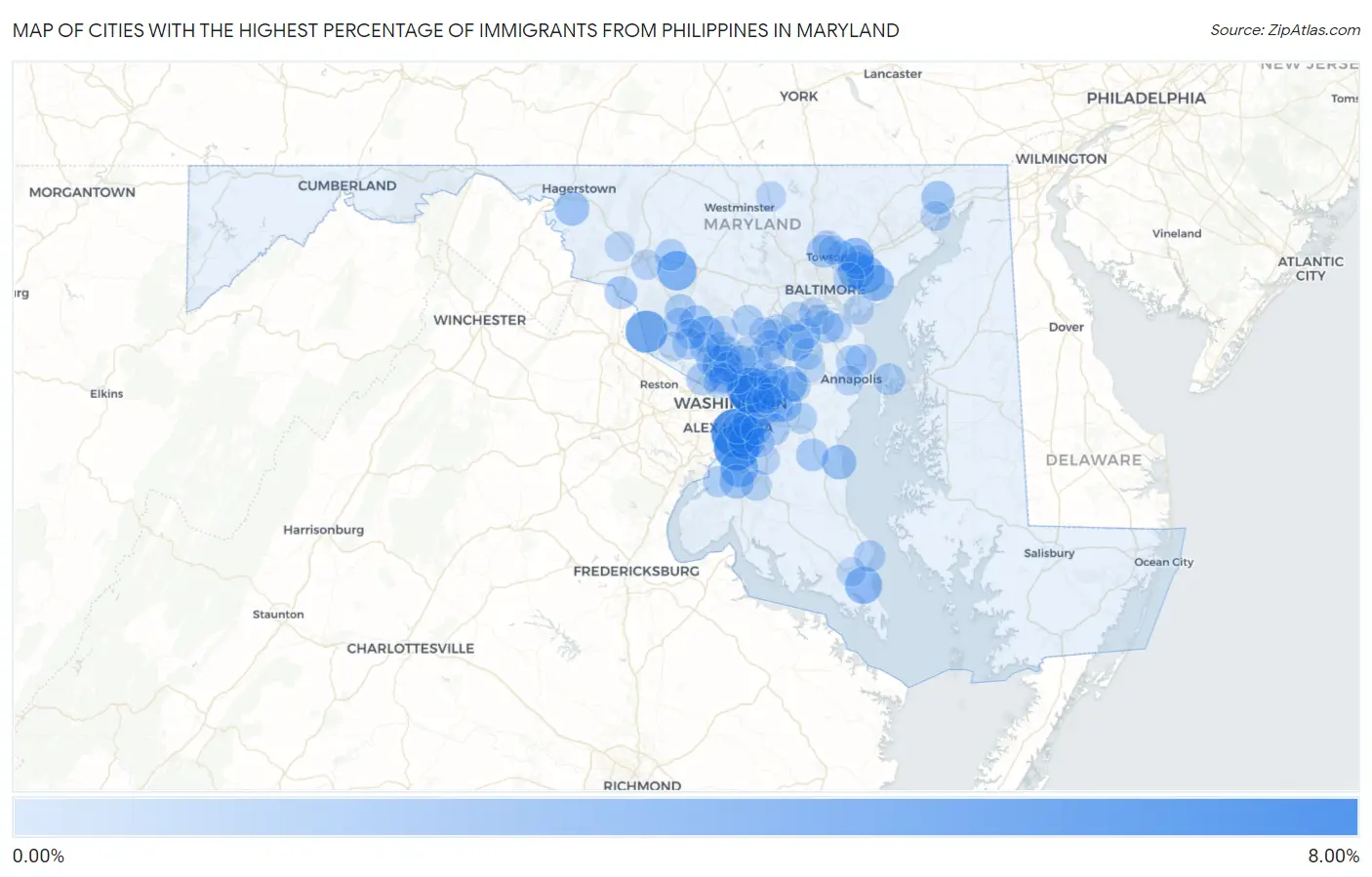 Cities with the Highest Percentage of Immigrants from Philippines in Maryland Map