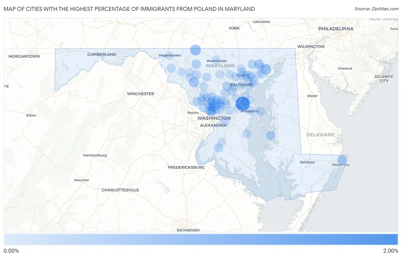 Cities with the Highest Percentage of Immigrants from Poland in Maryland Map