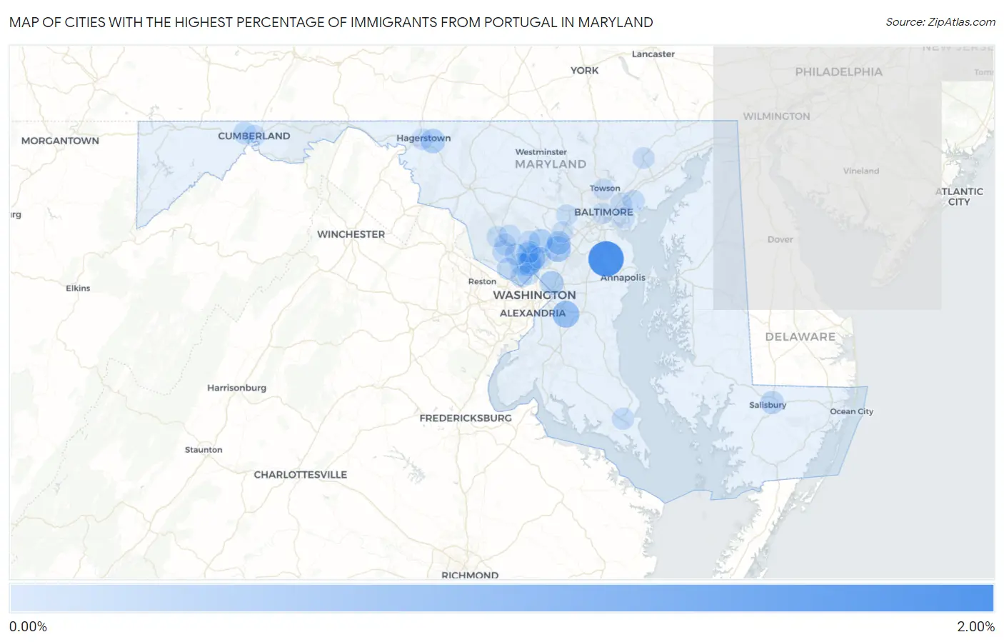 Cities with the Highest Percentage of Immigrants from Portugal in Maryland Map