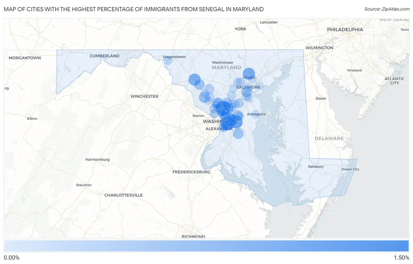 Cities with the Highest Percentage of Immigrants from Senegal in Maryland Map