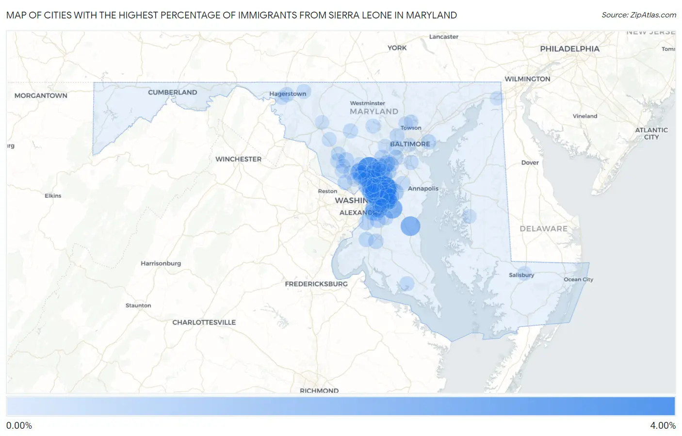 Cities with the Highest Percentage of Immigrants from Sierra Leone in Maryland Map