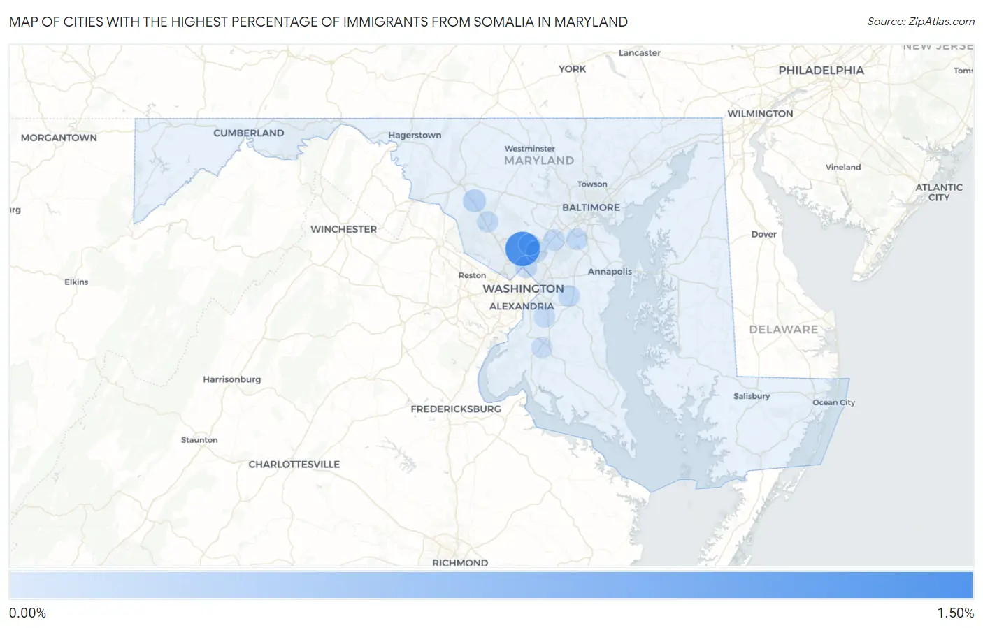 Cities with the Highest Percentage of Immigrants from Somalia in Maryland Map