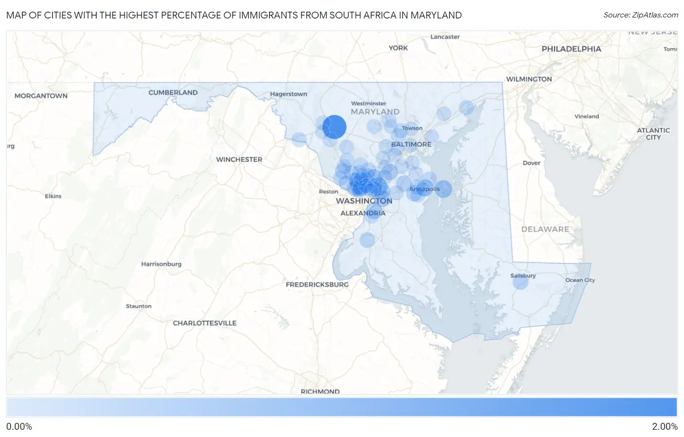 Cities with the Highest Percentage of Immigrants from South Africa in Maryland Map