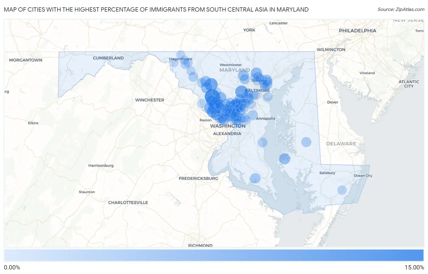 Cities with the Highest Percentage of Immigrants from South Central Asia in Maryland Map