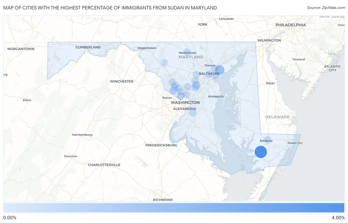 Cities with the Highest Percentage of Immigrants from Sudan in Maryland Map