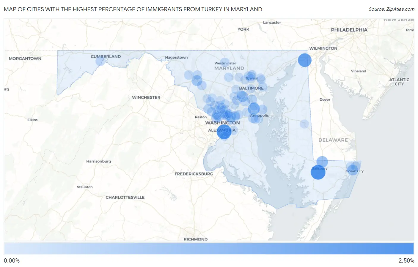 Cities with the Highest Percentage of Immigrants from Turkey in Maryland Map