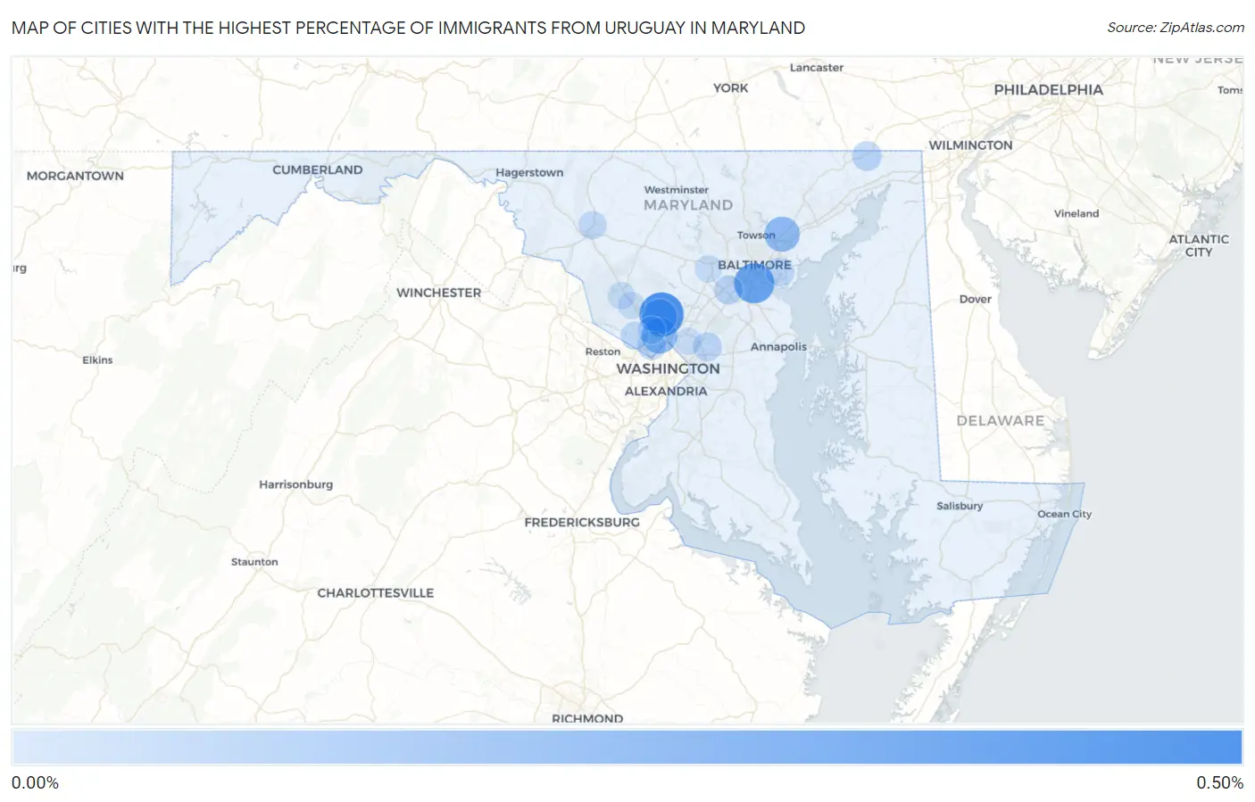 Cities with the Highest Percentage of Immigrants from Uruguay in Maryland Map