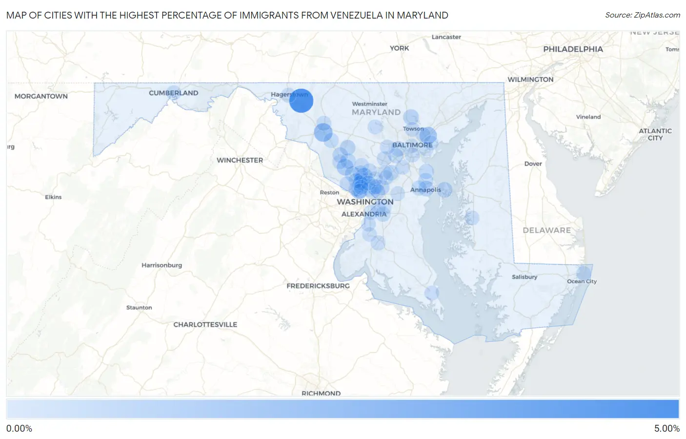 Cities with the Highest Percentage of Immigrants from Venezuela in Maryland Map
