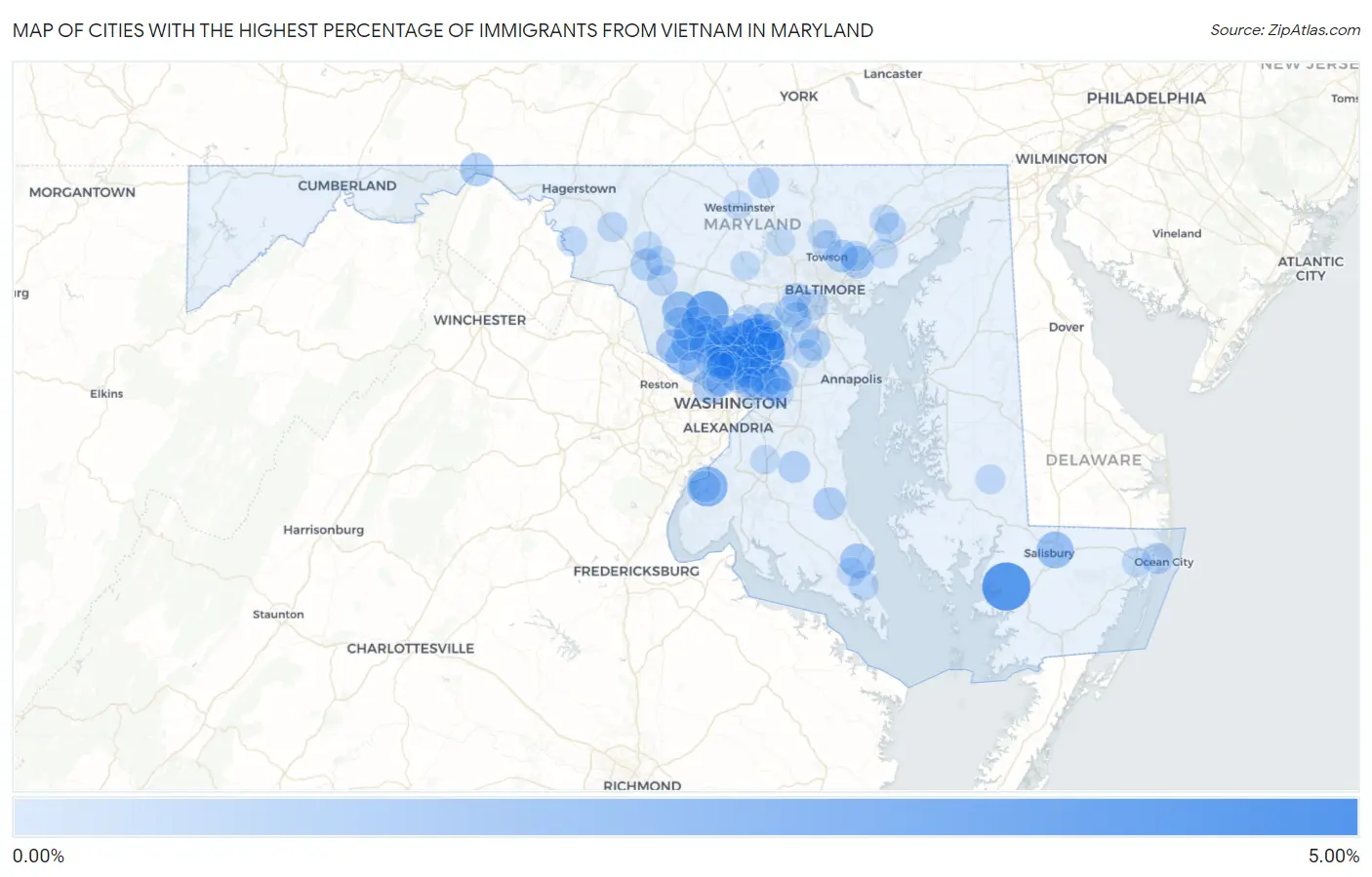 Cities with the Highest Percentage of Immigrants from Vietnam in Maryland Map