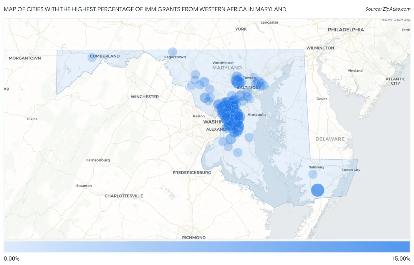 Cities with the Highest Percentage of Immigrants from Western Africa in Maryland Map