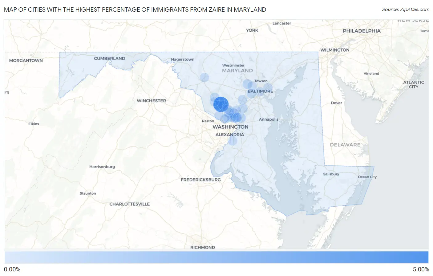 Cities with the Highest Percentage of Immigrants from Zaire in Maryland Map