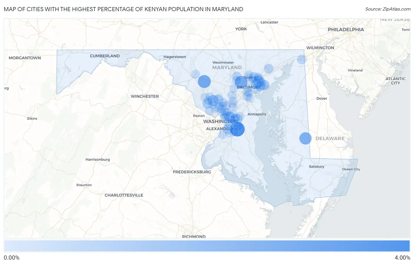 Cities with the Highest Percentage of Kenyan Population in Maryland Map
