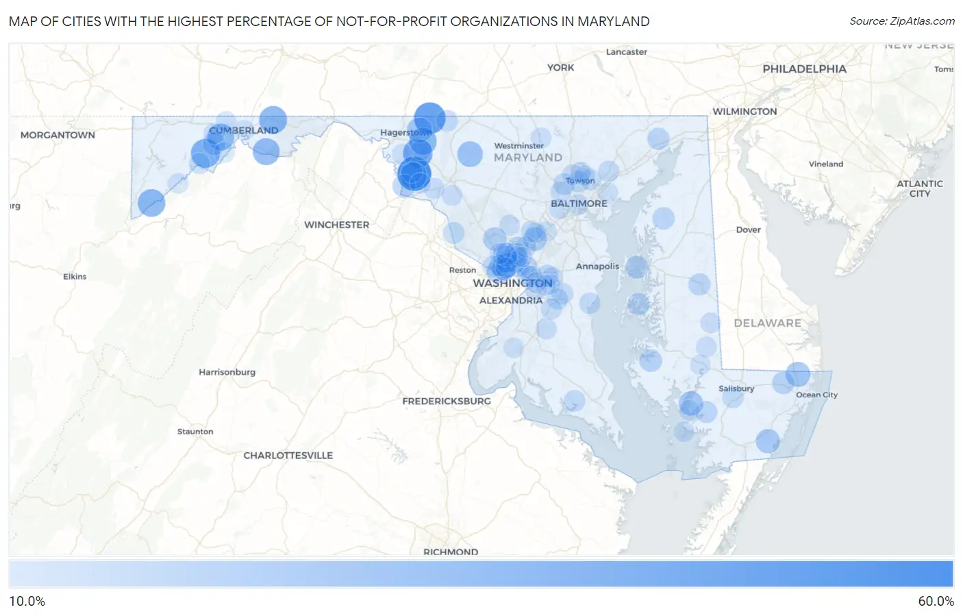 Cities with the Highest Percentage of Not-for-profit Organizations in Maryland Map