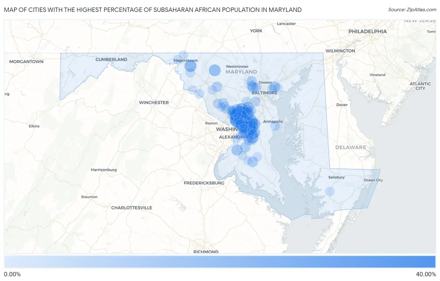 Cities with the Highest Percentage of Subsaharan African Population in Maryland Map