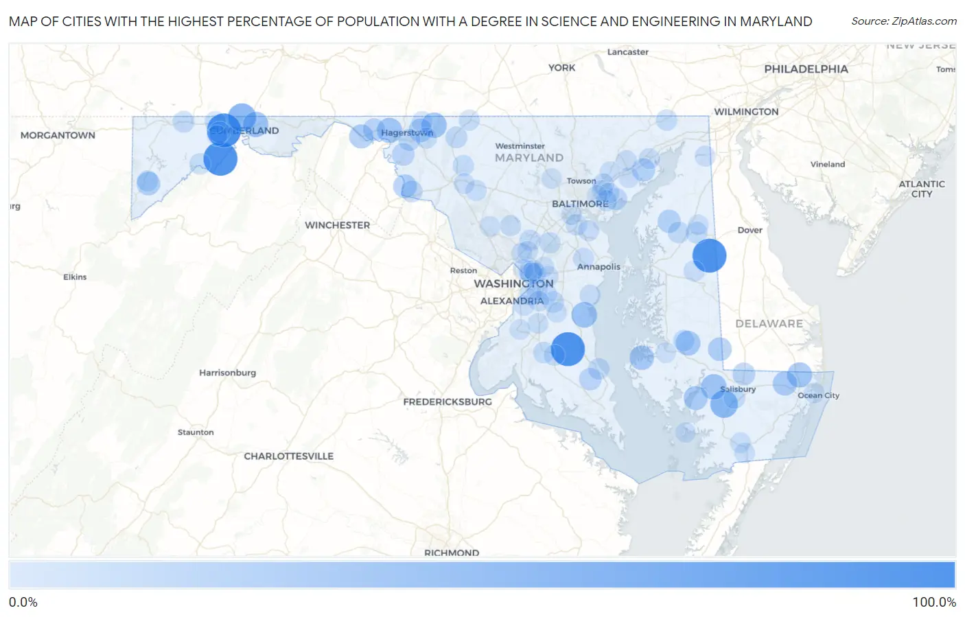 Cities with the Highest Percentage of Population with a Degree in Science and Engineering in Maryland Map