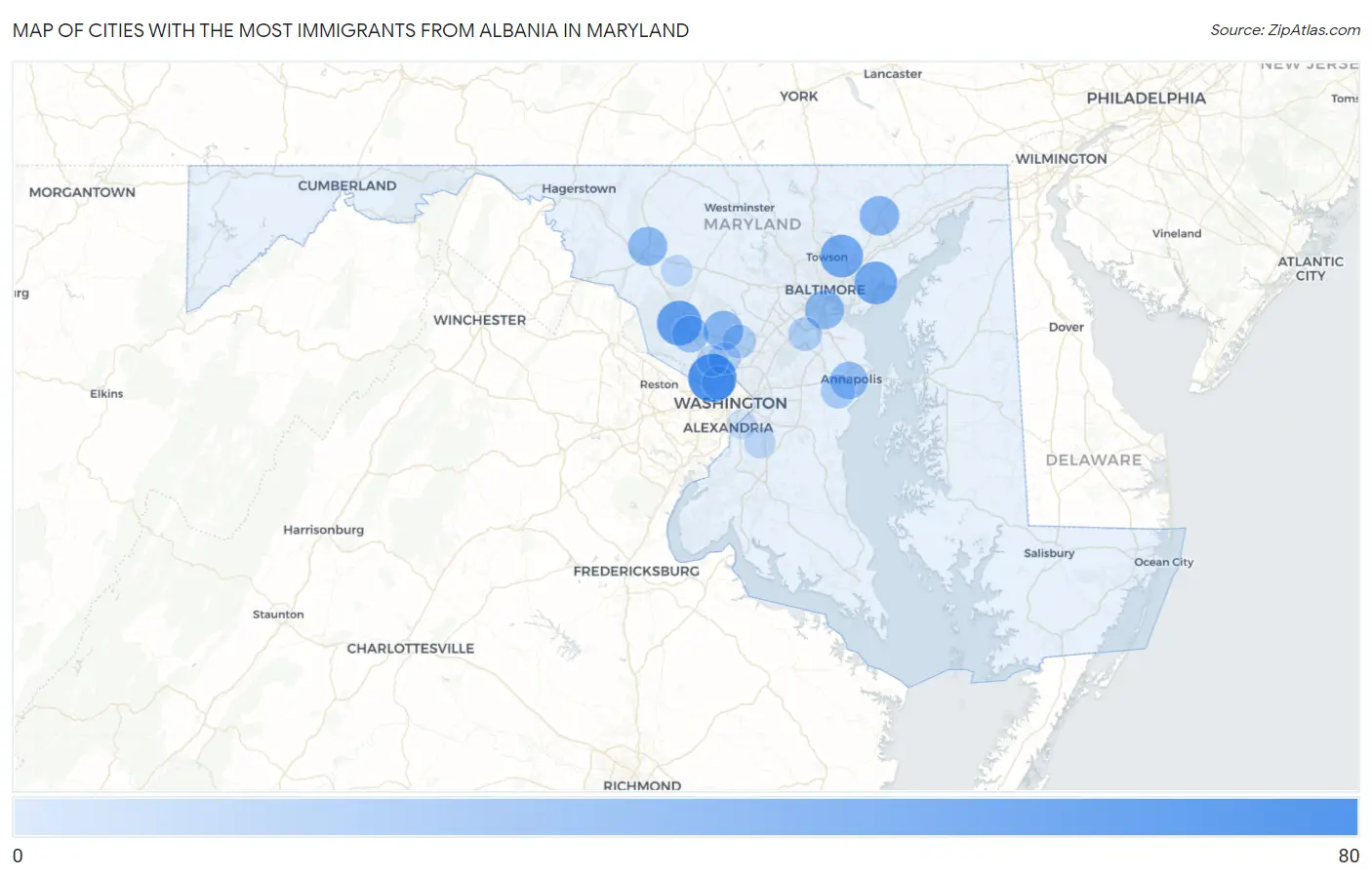 Cities with the Most Immigrants from Albania in Maryland Map