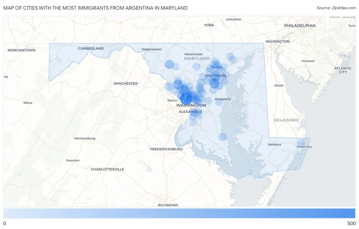 Cities with the Most Immigrants from Argentina in Maryland Map