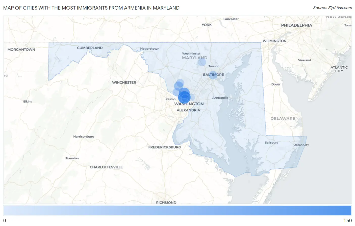 Cities with the Most Immigrants from Armenia in Maryland Map