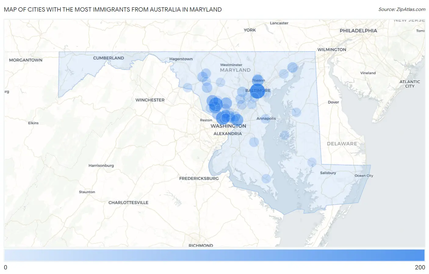 Cities with the Most Immigrants from Australia in Maryland Map