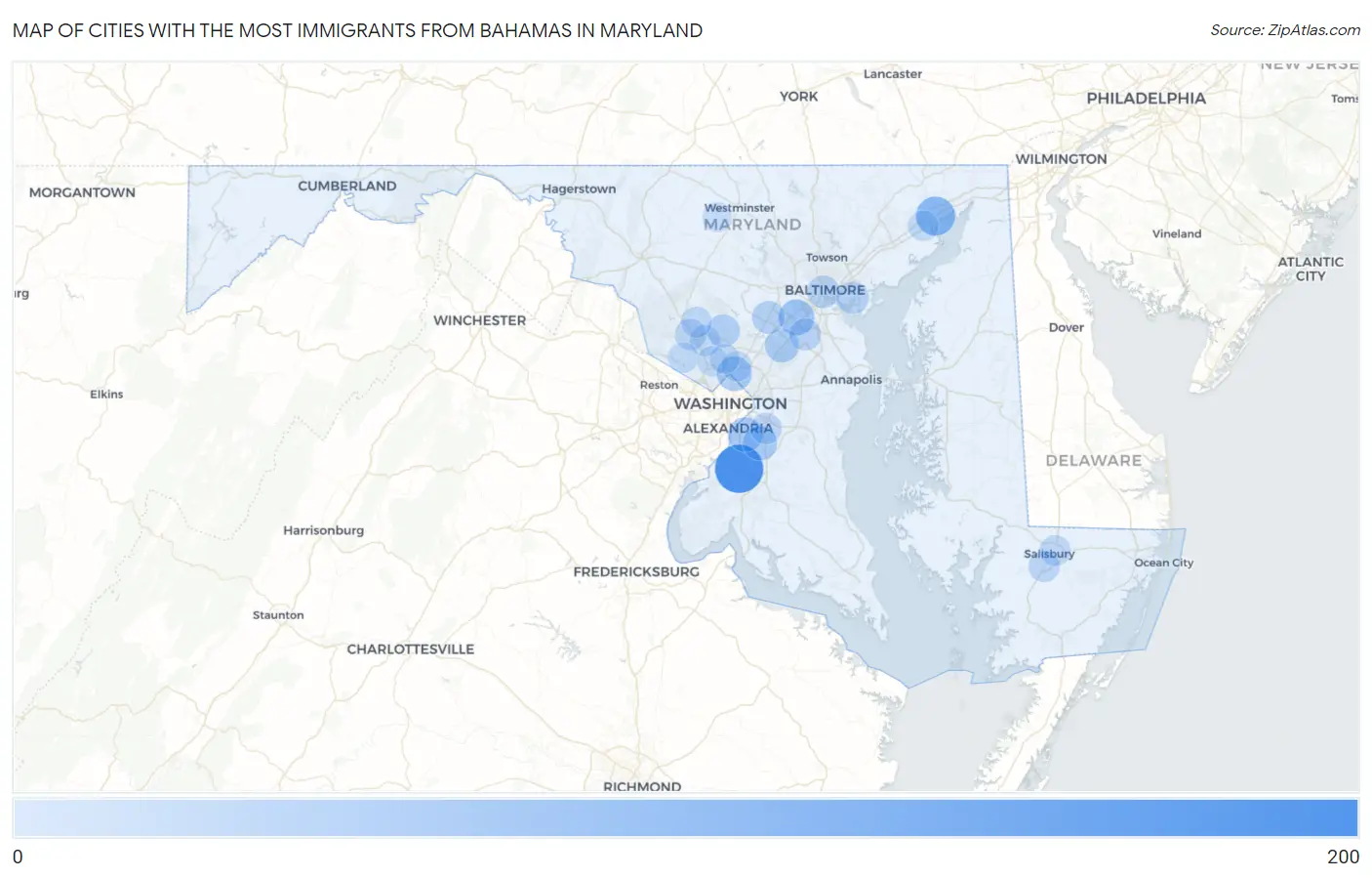Cities with the Most Immigrants from Bahamas in Maryland Map