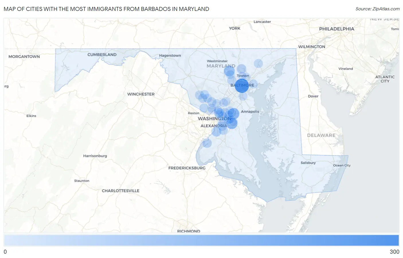 Cities with the Most Immigrants from Barbados in Maryland Map