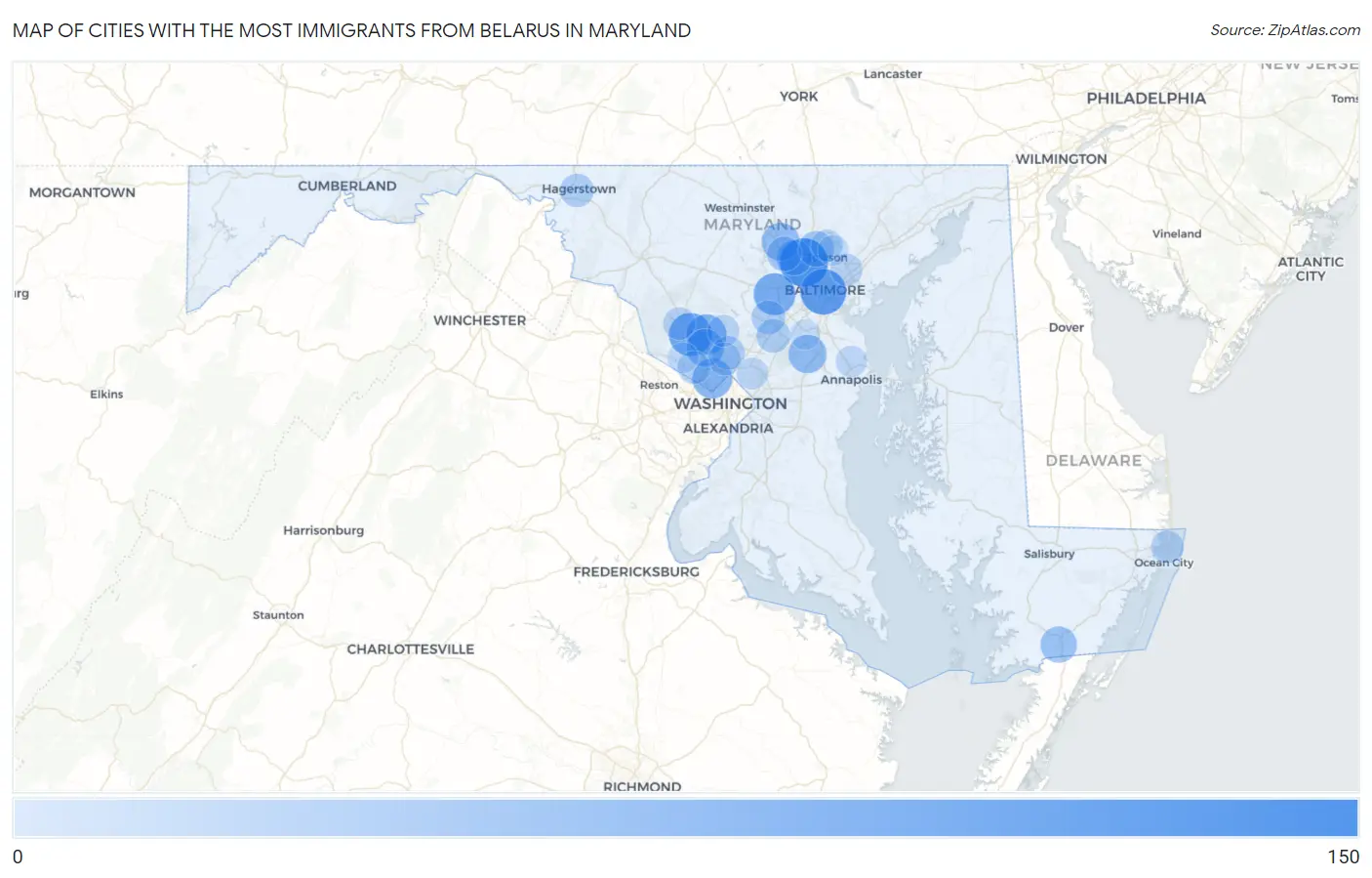 Cities with the Most Immigrants from Belarus in Maryland Map