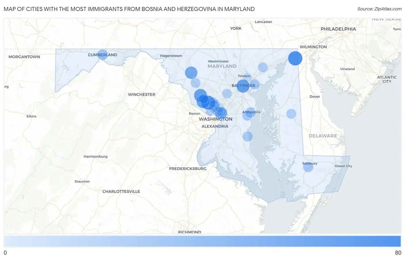 Cities with the Most Immigrants from Bosnia and Herzegovina in Maryland Map