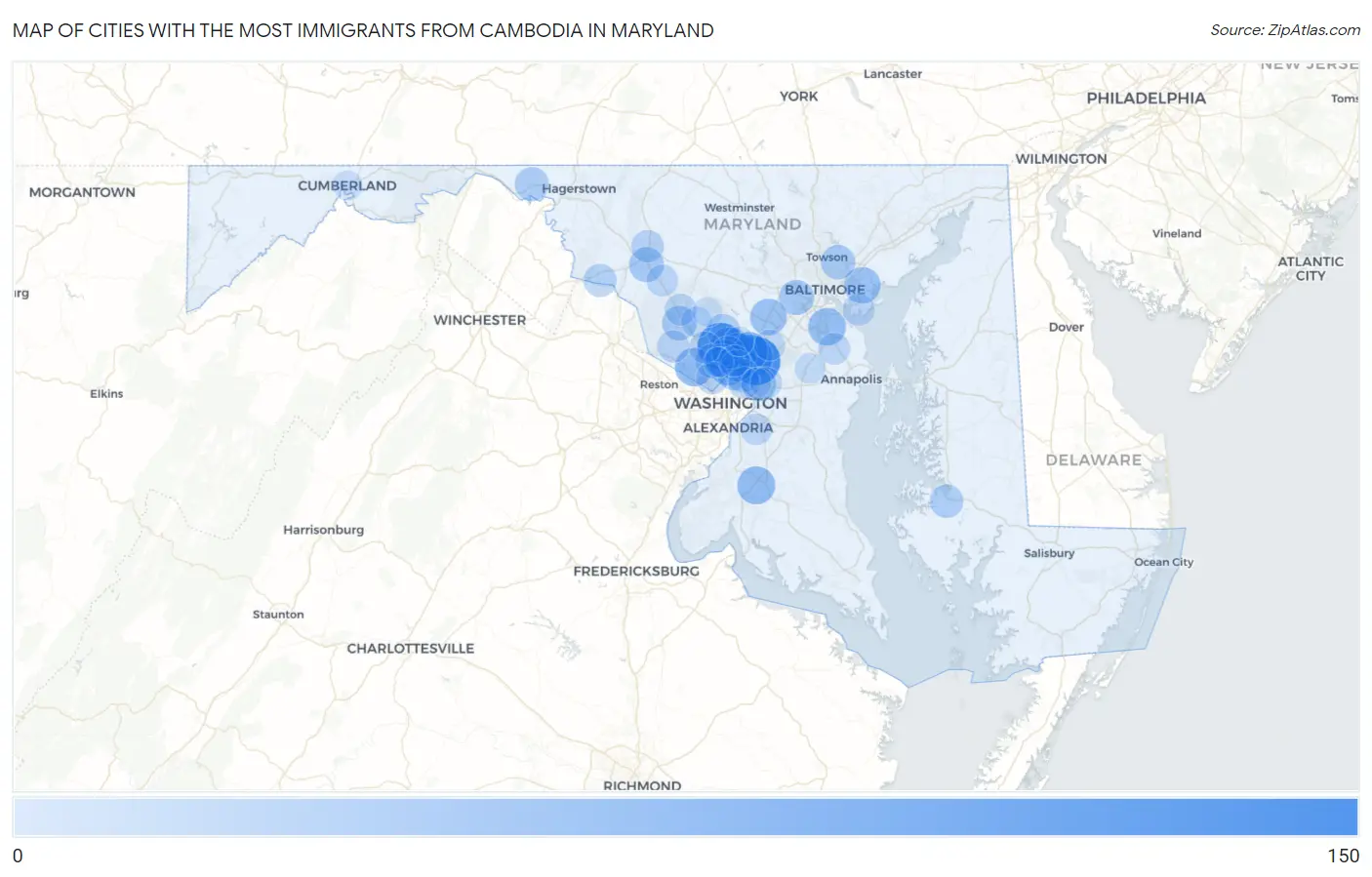 Cities with the Most Immigrants from Cambodia in Maryland Map