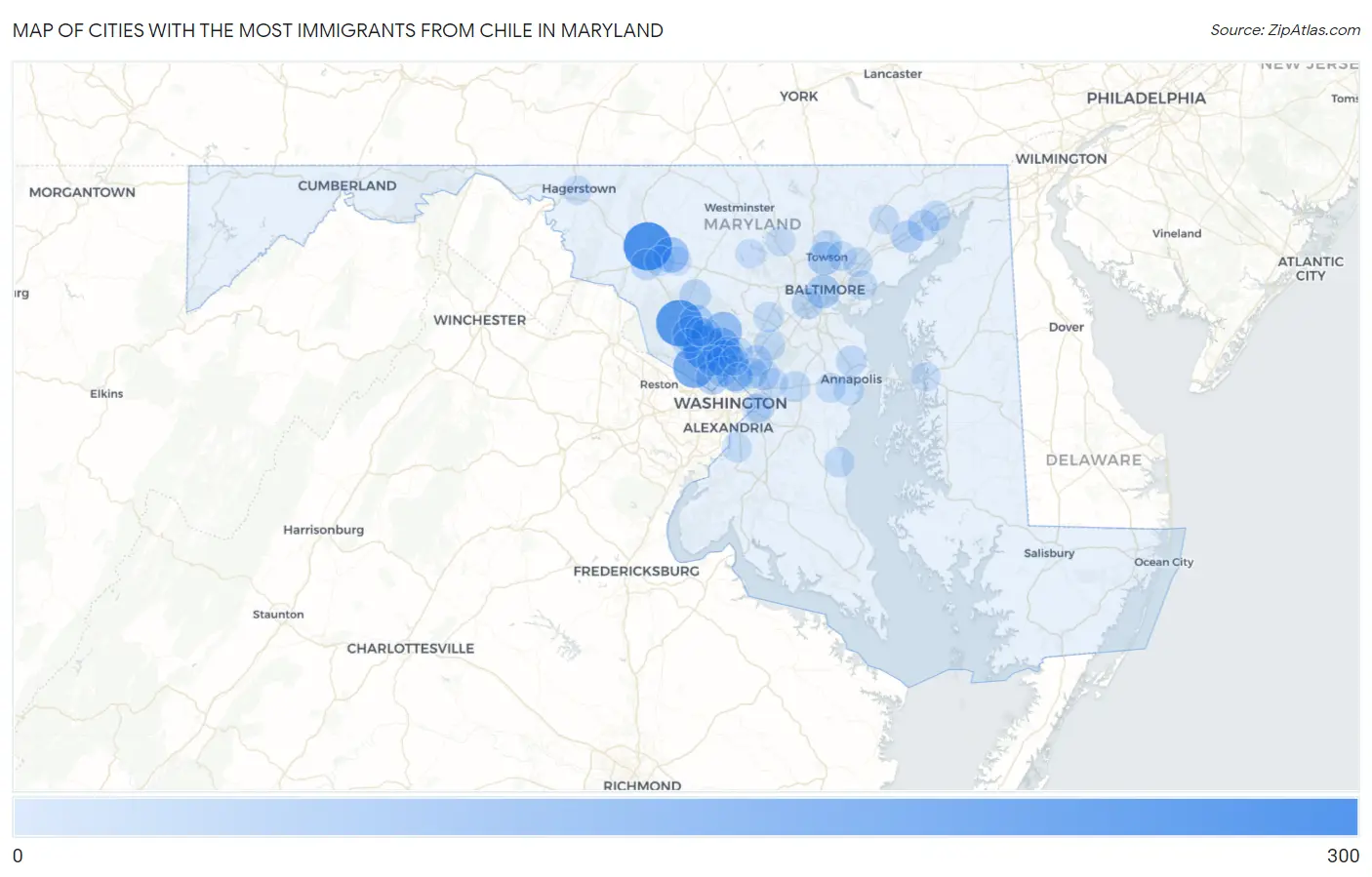 Cities with the Most Immigrants from Chile in Maryland Map