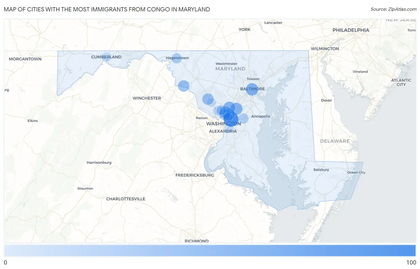 Cities with the Most Immigrants from Congo in Maryland Map