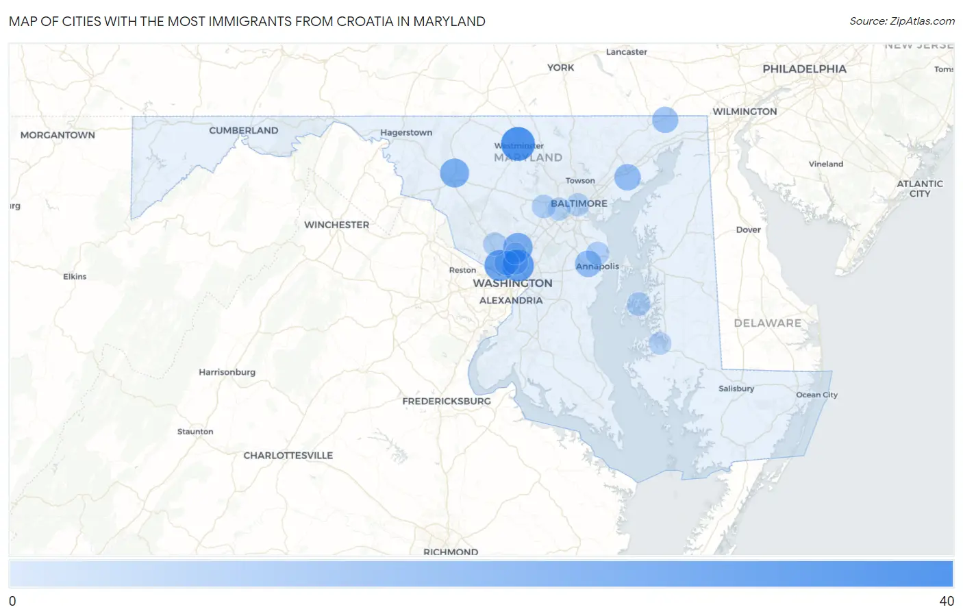 Cities with the Most Immigrants from Croatia in Maryland Map