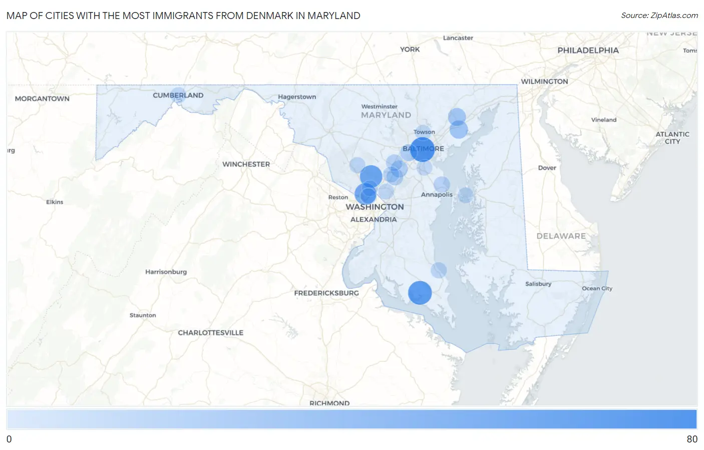 Cities with the Most Immigrants from Denmark in Maryland Map