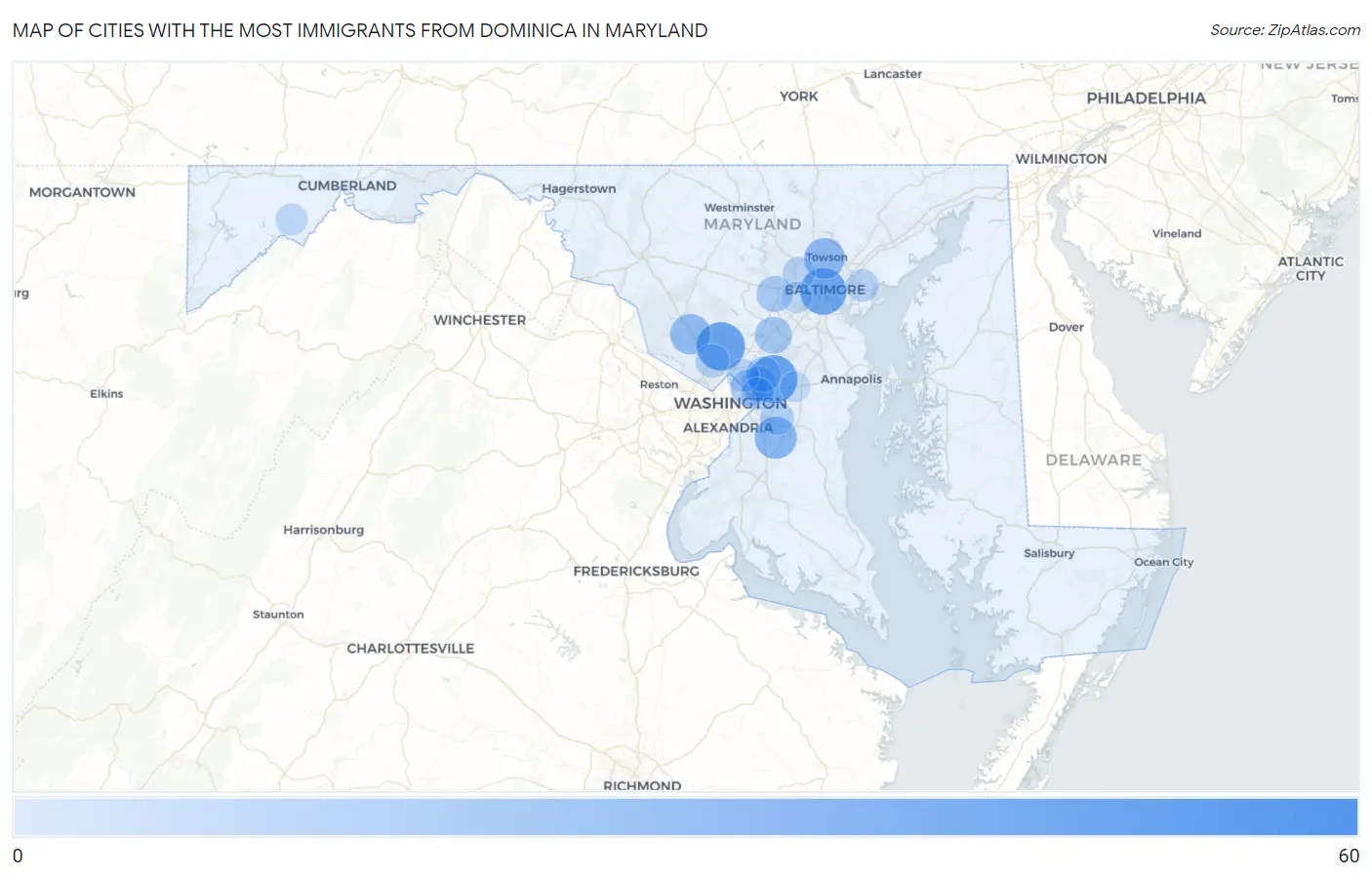 Cities with the Most Immigrants from Dominica in Maryland Map