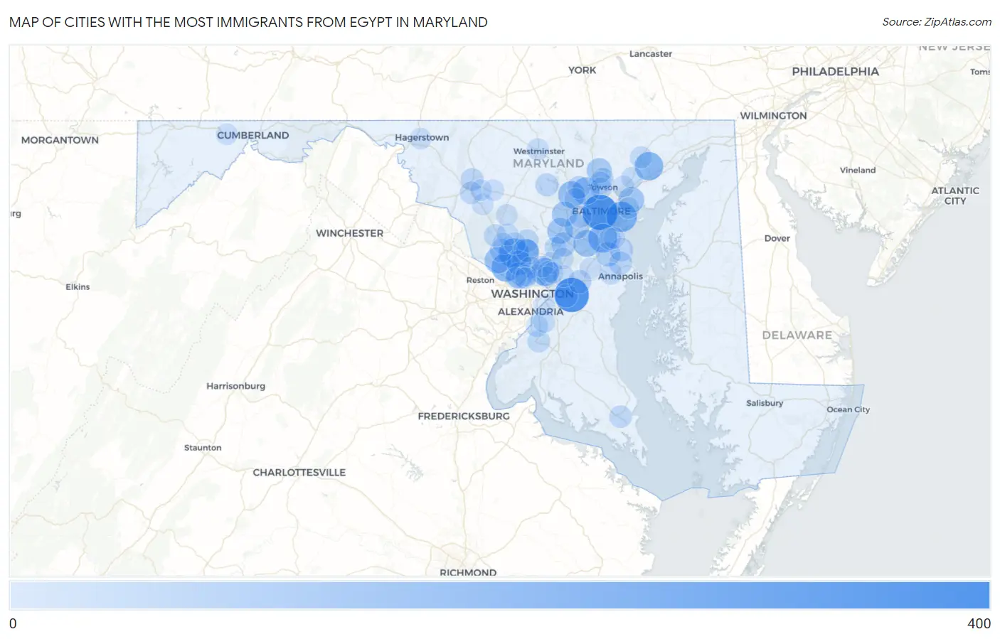 Cities with the Most Immigrants from Egypt in Maryland Map