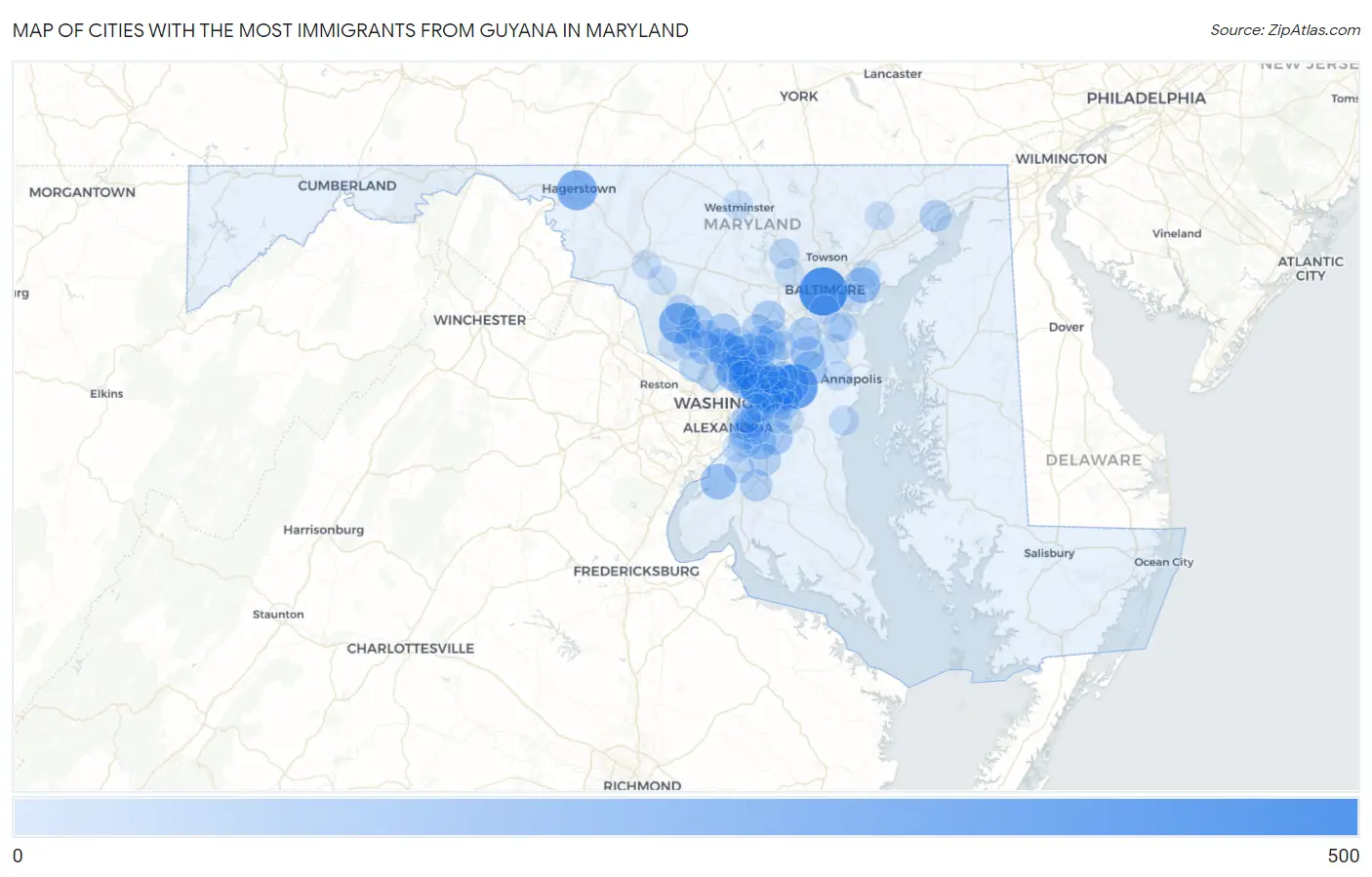 Cities with the Most Immigrants from Guyana in Maryland Map