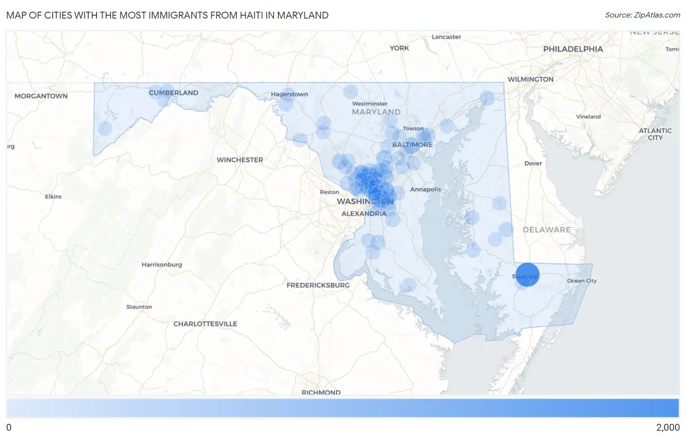 Cities with the Most Immigrants from Haiti in Maryland Map